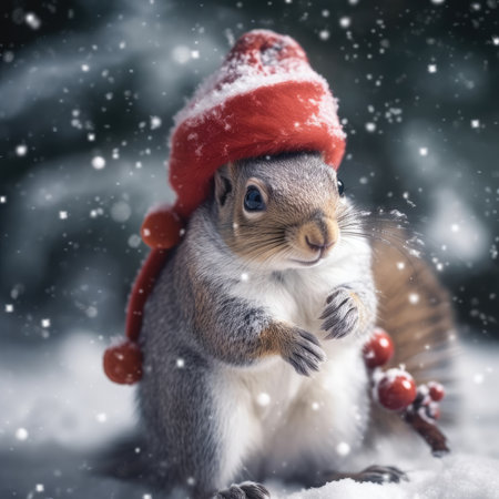 Cute squirrel red santa hat background snow postcard fluffy animals gift red winter photo art wall posterの素材
