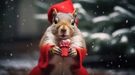 Cute squirrel red santa hat background snow postcard fluffy animals gift red winter photo art wall posterの素材