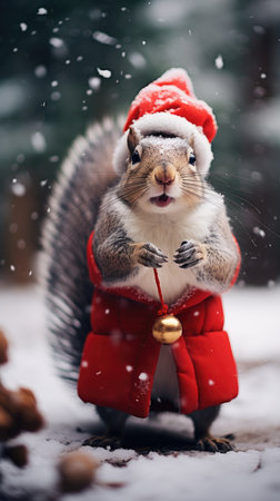 Cute squirrel red santa hat background snow postcard fluffy animals gift red winter photo art wall posterの素材