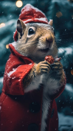Cute squirrel red santa hat background snow postcard fluffy animals gift red winter photo art wall posterの素材