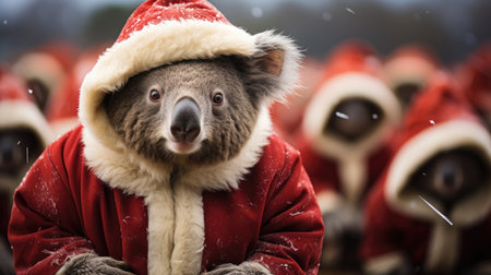 Cute koala red santa hat background snow postcard fluffy animals gift red winter photo wapp art posterの素材