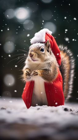 Cute squirrel red santa hat background snow postcard fluffy animals gift red winter photo art wall posterの素材