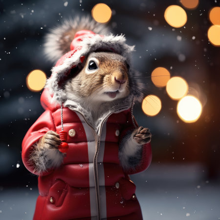 Cute squirrel red santa hat background snow postcard fluffy animals gift red winter photo art wall posterの素材