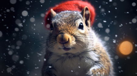 Cute squirrel red santa hat background snow postcard fluffy animals gift red winter photo art wall posterの素材