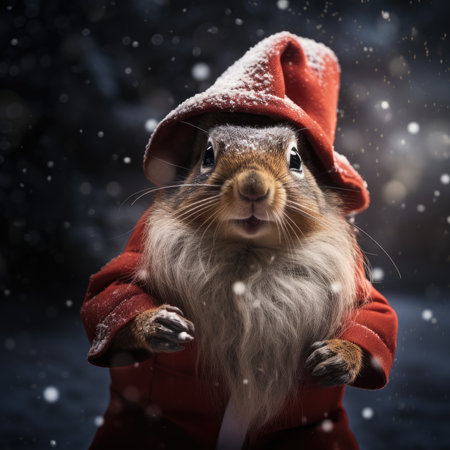 Cute squirrel red santa hat background snow postcard fluffy animals gift red winter photo art wall posterの素材