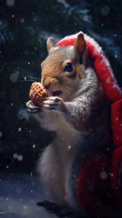 Cute squirrel red santa hat background snow postcard fluffy animals gift red winter photo art wall posterの素材