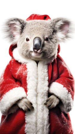 Cute koala red santa hat background snow postcard fluffy animals gift red winter photo wapp art posterの素材