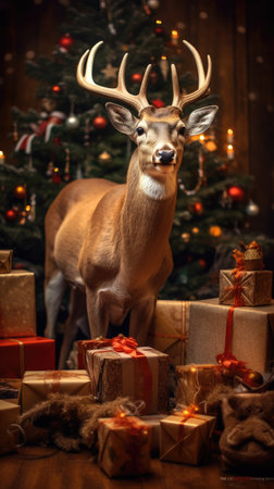 Cute deer hare red santa hat background snow postcard fluffy animals gift red winter photo art wall posterの素材