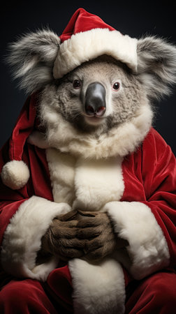 Cute koala red santa hat background snow postcard fluffy animals gift red winter photo wapp art posterの素材