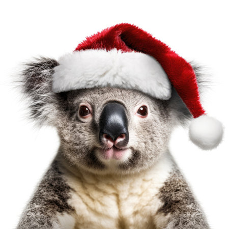 Cute koala red santa hat background snow postcard fluffy animals gift red winter photo wapp art posterの素材