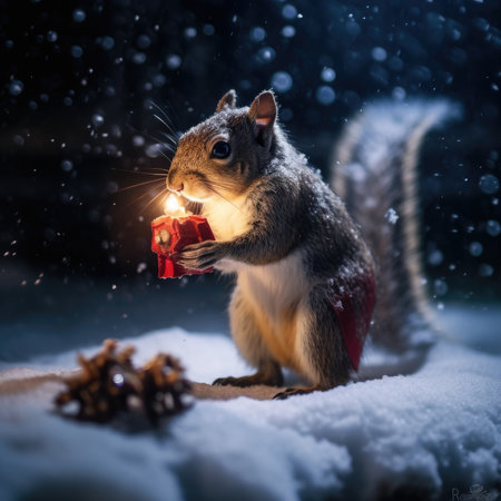 Cute squirrel red santa hat background snow postcard fluffy animals gift red winter photo art wall posterの素材