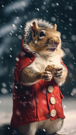 Cute squirrel red santa hat background snow postcard fluffy animals gift red winter photo art wall posterの素材