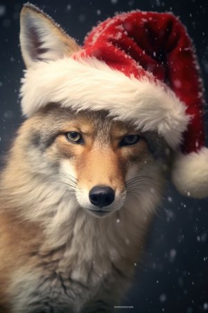 Cute wolf coyote red santa hat background snow postcard fluffy animals gift red winter photo art wall posterの素材