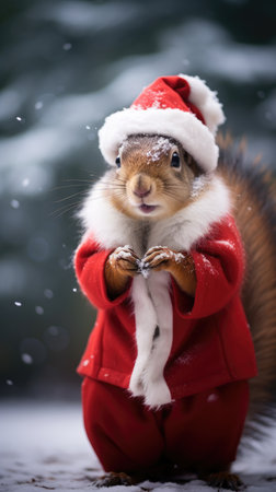 Cute squirrel red santa hat background snow postcard fluffy animals gift red winter photo art wall posterの素材