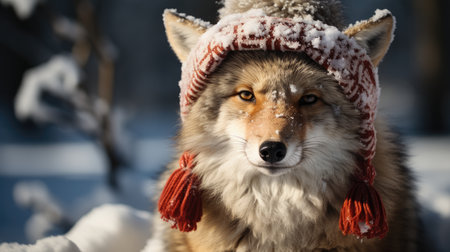 Cute wolf coyote red santa hat background snow postcard fluffy animals gift red winter photo art wall posterの素材