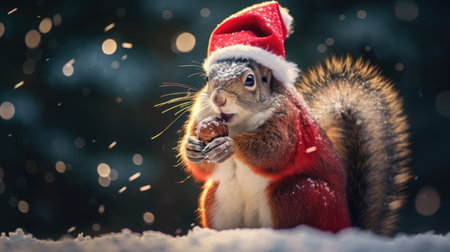 Cute squirrel red santa hat background snow postcard fluffy animals gift red winter photo art wall posterの素材