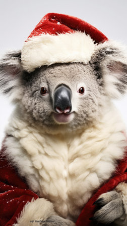 Cute koala red santa hat background snow postcard fluffy animals gift red winter photo wapp art posterの素材