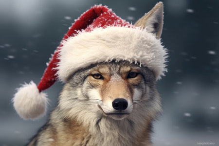 Cute wolf coyote red santa hat background snow postcard fluffy animals gift red winter photo art wall posterの素材