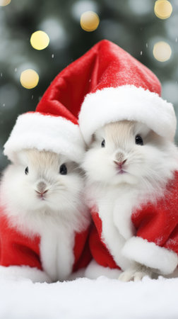 Cute rabbit hare red santa hat background snow postcard fluffy animals gift red winter photo art wall posterの素材