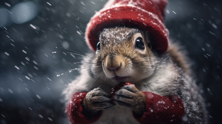 Cute squirrel red santa hat background snow postcard fluffy animals gift red winter photo art wall posterの素材