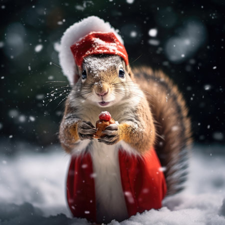 Cute squirrel red santa hat background snow postcard fluffy animals gift red winter photo art wall posterの素材