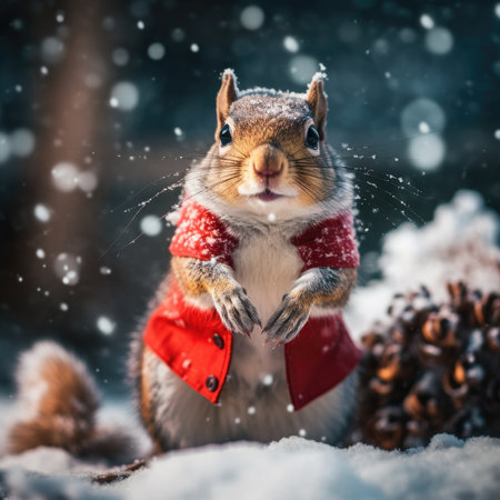Cute squirrel red santa hat background snow postcard fluffy animals gift red winter photo art wall posterの素材