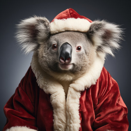 Cute koala red santa hat background snow postcard fluffy animals gift red winter photo wapp art posterの素材