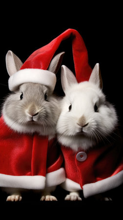 Cute rabbit hare red santa hat background snow postcard fluffy animals gift red winter photo art wall posterの素材