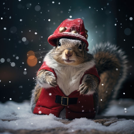 Cute squirrel red santa hat background snow postcard fluffy animals gift red winter photo art wall posterの素材