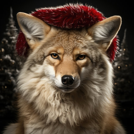 Cute wolf coyote red santa hat background snow postcard fluffy animals gift red winter photo art wall posterの素材