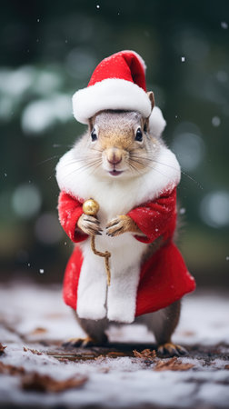 Cute squirrel red santa hat background snow postcard fluffy animals gift red winter photo art wall posterの素材