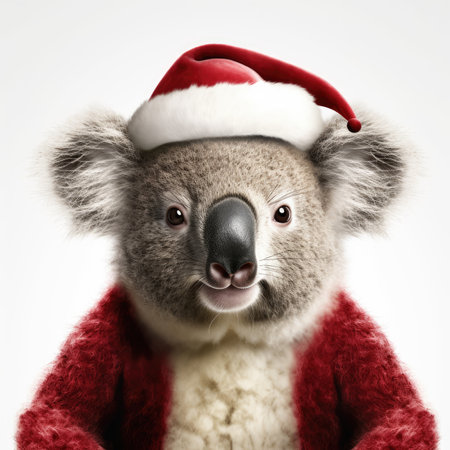 Cute koala red santa hat background snow postcard fluffy animals gift red winter photo wapp art posterの素材