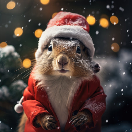 Cute squirrel red santa hat background snow postcard fluffy animals gift red winter photo art wall posterの素材