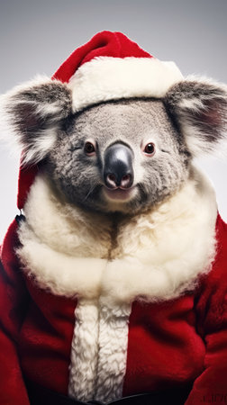 Cute koala red santa hat background snow postcard fluffy animals gift red winter photo wapp art posterの素材