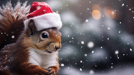 Cute squirrel red santa hat background snow postcard fluffy animals gift red winter photo art wall posterの素材