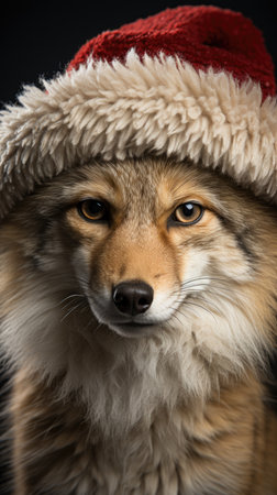 Cute wolf coyote red santa hat background snow postcard fluffy animals gift red winter photo art wall posterの素材