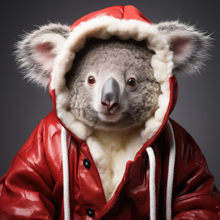 Cute koala red santa hat background snow postcard fluffy animals gift red winter photo wapp art posterの素材