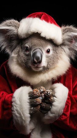 Cute koala red santa hat background snow postcard fluffy animals gift red winter photo wapp art posterの素材