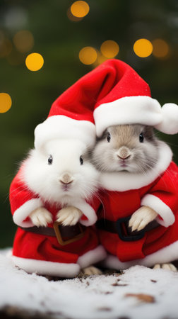Cute rabbit hare red santa hat background snow postcard fluffy animals gift red winter photo art wall posterの素材
