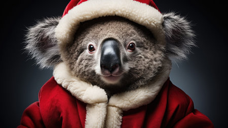 Cute koala red santa hat background snow postcard fluffy animals gift red winter photo wapp art posterの素材