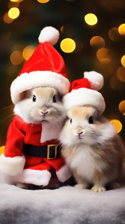 Cute rabbit hare red santa hat background snow postcard fluffy animals gift red winter photo art wall posterの素材