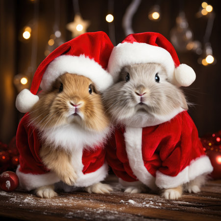 Cute rabbit hare red santa hat background snow postcard fluffy animals gift red winter photo art wall posterの素材