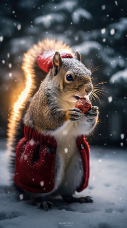 Cute squirrel red santa hat background snow postcard fluffy animals gift red winter photo art wall posterの素材