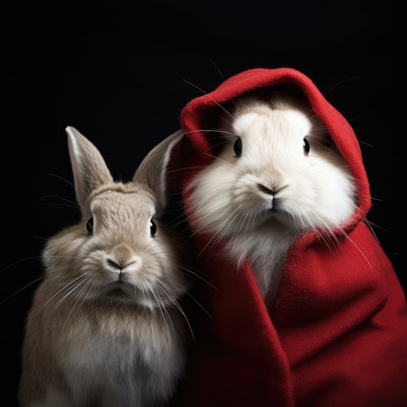 Cute rabbit hare red santa hat background snow postcard fluffy animals gift red winter photo art wall posterの素材