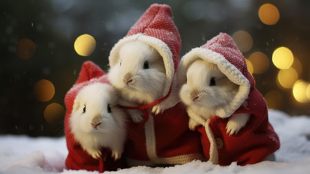 Cute rabbit hare red santa hat background snow postcard fluffy animals gift red winter photo art wall posterの素材
