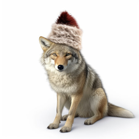 Cute wolf coyote red santa hat background snow postcard fluffy animals gift red winter photo art wall posterの素材