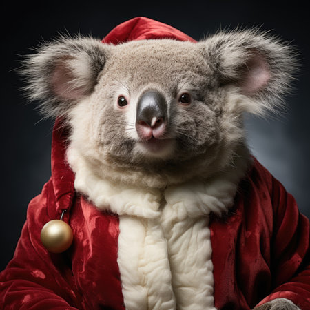 Cute koala red santa hat background snow postcard fluffy animals gift red winter photo wapp art posterの素材