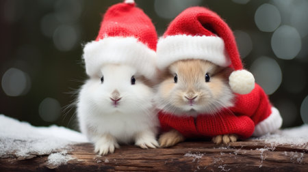 Cute rabbit hare red santa hat background snow postcard fluffy animals gift red winter photo art wall posterの素材