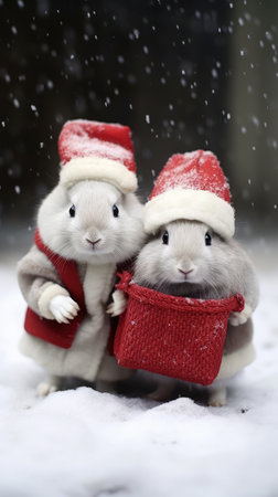 Cute rabbit hare red santa hat background snow postcard fluffy animals gift red winter photo art wall posterの素材