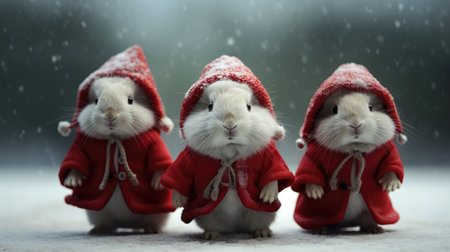 Cute rabbit hare red santa hat background snow postcard fluffy animals gift red winter photo art wall posterの素材